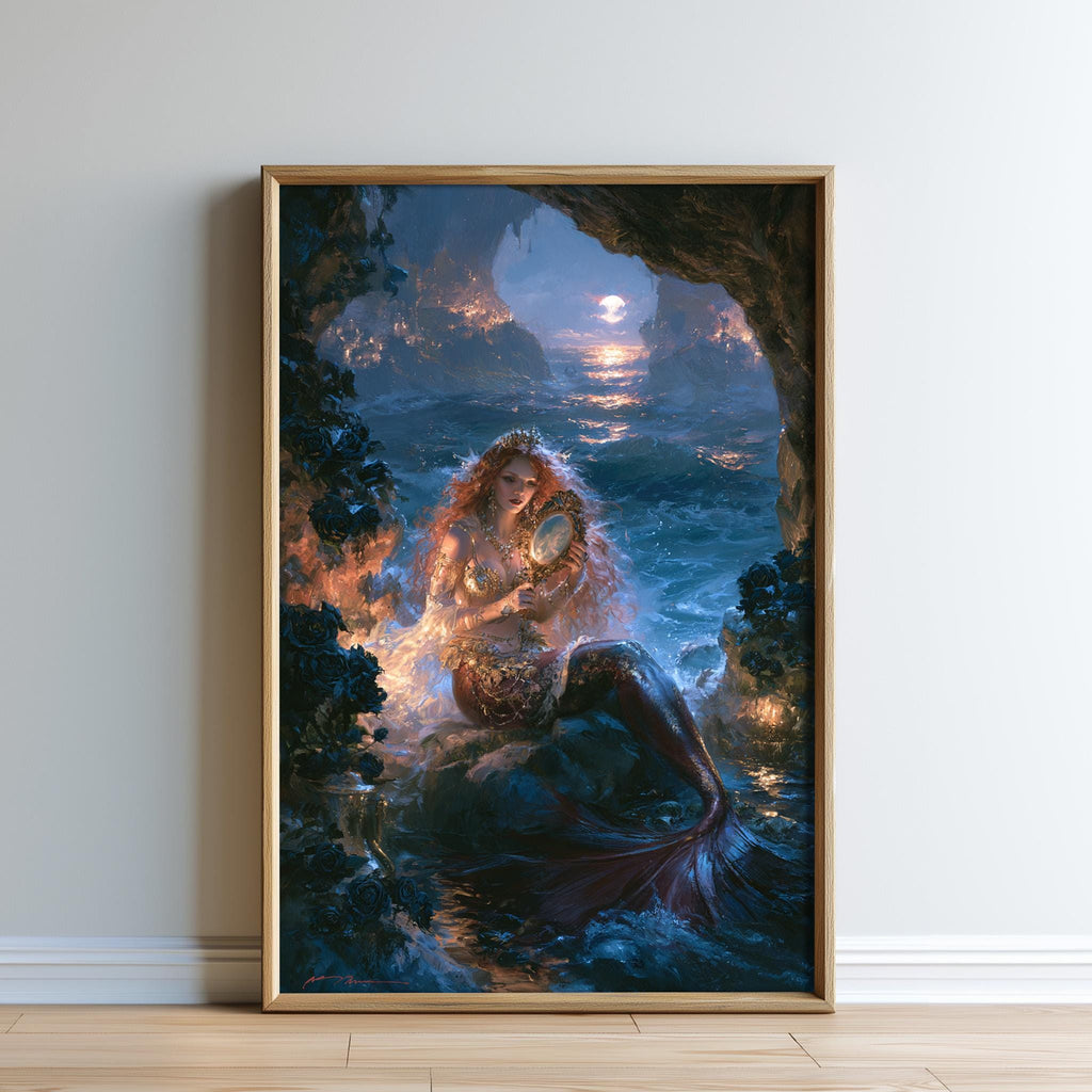 The image is a framed painting depicting a mermaid with long, flowing hair and a golden crown, sitting on a rock and holding a mirror. The mermaid is surrounded by a serene, underwater scene with a sunset and a cave-like structure in the background.