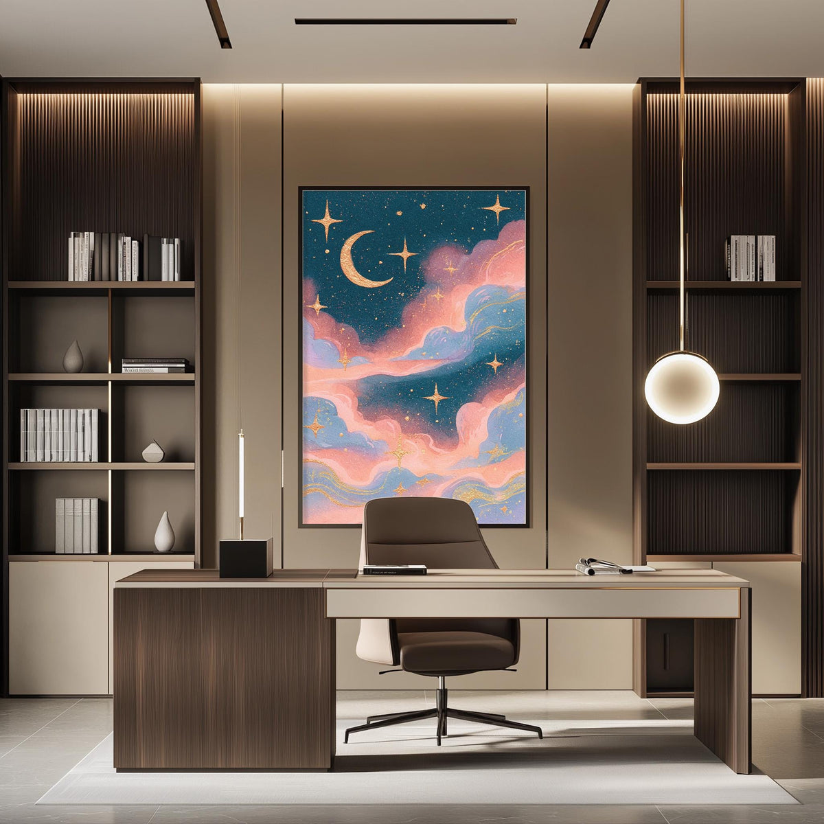 a modern and stylish office space with a large, colorful painting of a starry night sky hanging on the wall above a desk with a chair.