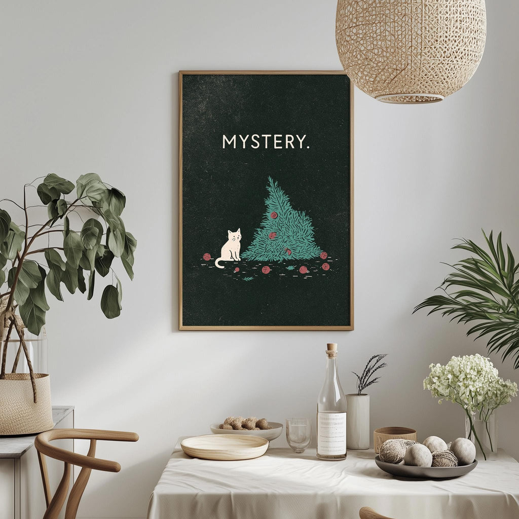 a cozy dining area with a framed poster of a cat sitting on a Christmas tree, surrounded by holiday decorations and plants.