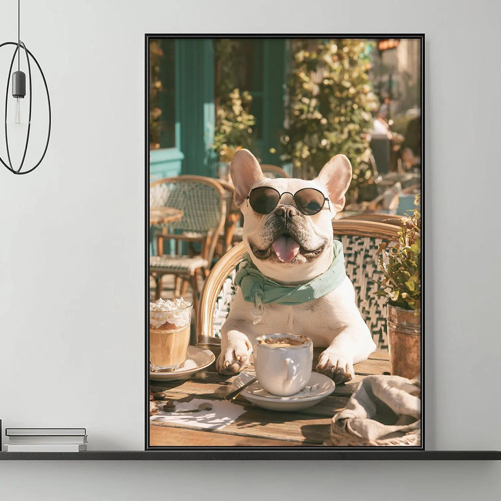 A framed photograph of a French Bulldog wearing sunglasses and sitting at a table with a cup and saucer, surrounded by a cozy, stylish living room setting.