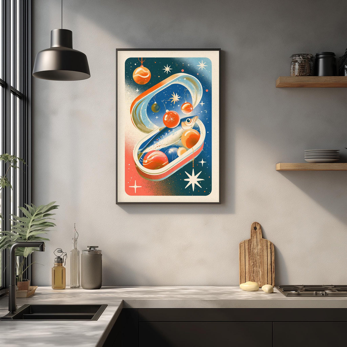a modern kitchen with a large, colorful abstract painting hanging on the wall above a wooden cutting board and other kitchen items.