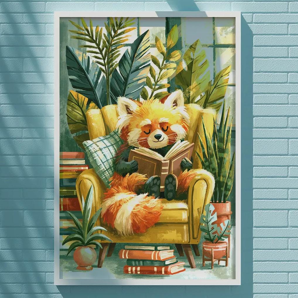 A framed painting of a red panda sitting in a chair, reading a book, is displayed on a blue wall.