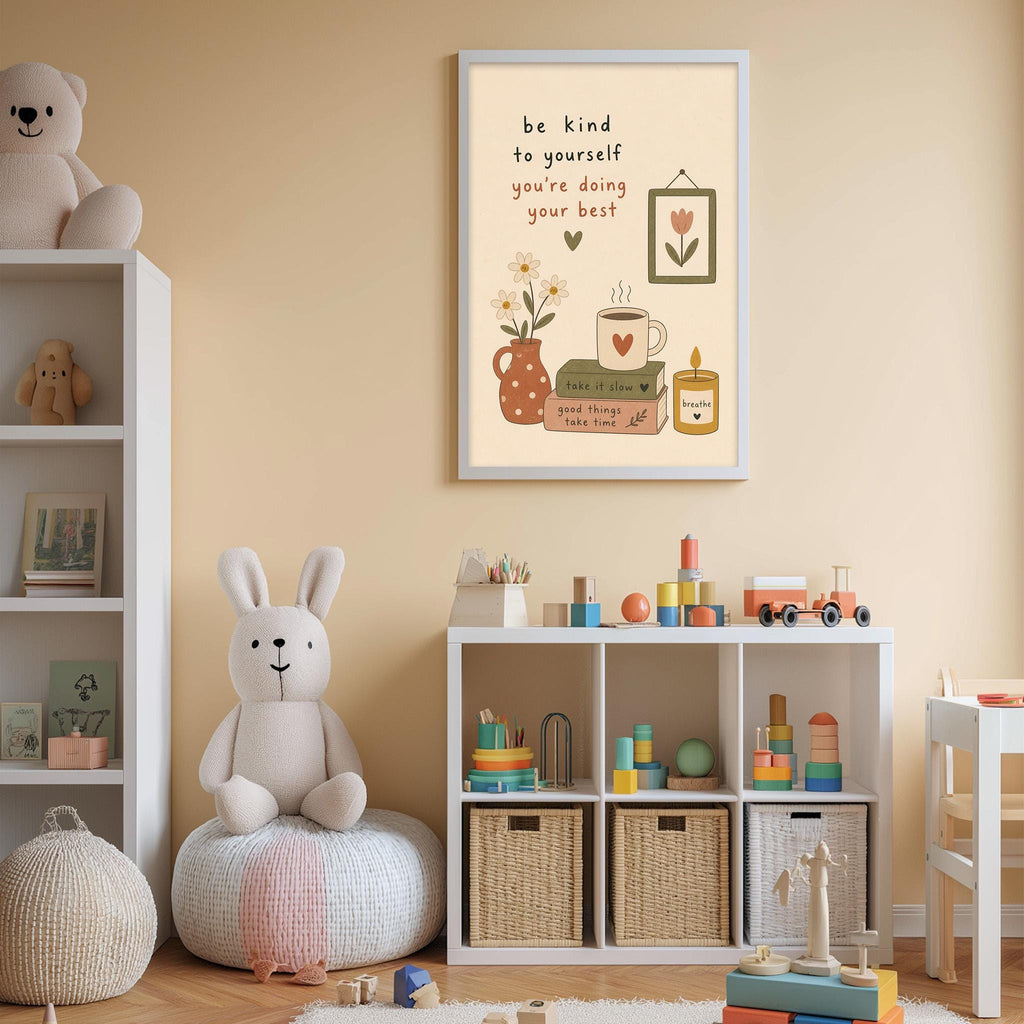 A cozy children's room with a white bookshelf, a plush rabbit, and a colorful toy box filled with toys. Above the bookshelf, there is a framed poster with a motivational message about being kind to oneself.