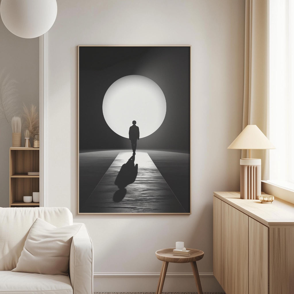 a person walking on a path towards a large, bright light in a minimalist living room setting.
