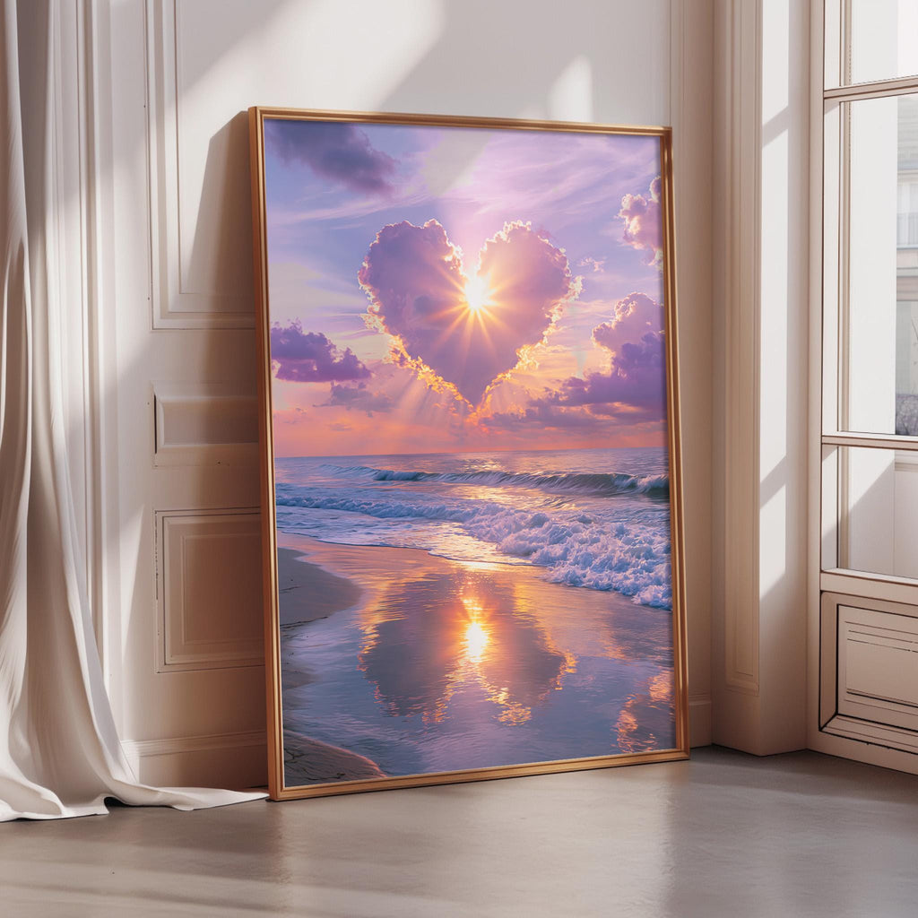 A large framed picture depicting a serene beach scene with a heart-shaped cloud formation in the sky, reflecting on the calm ocean surface.