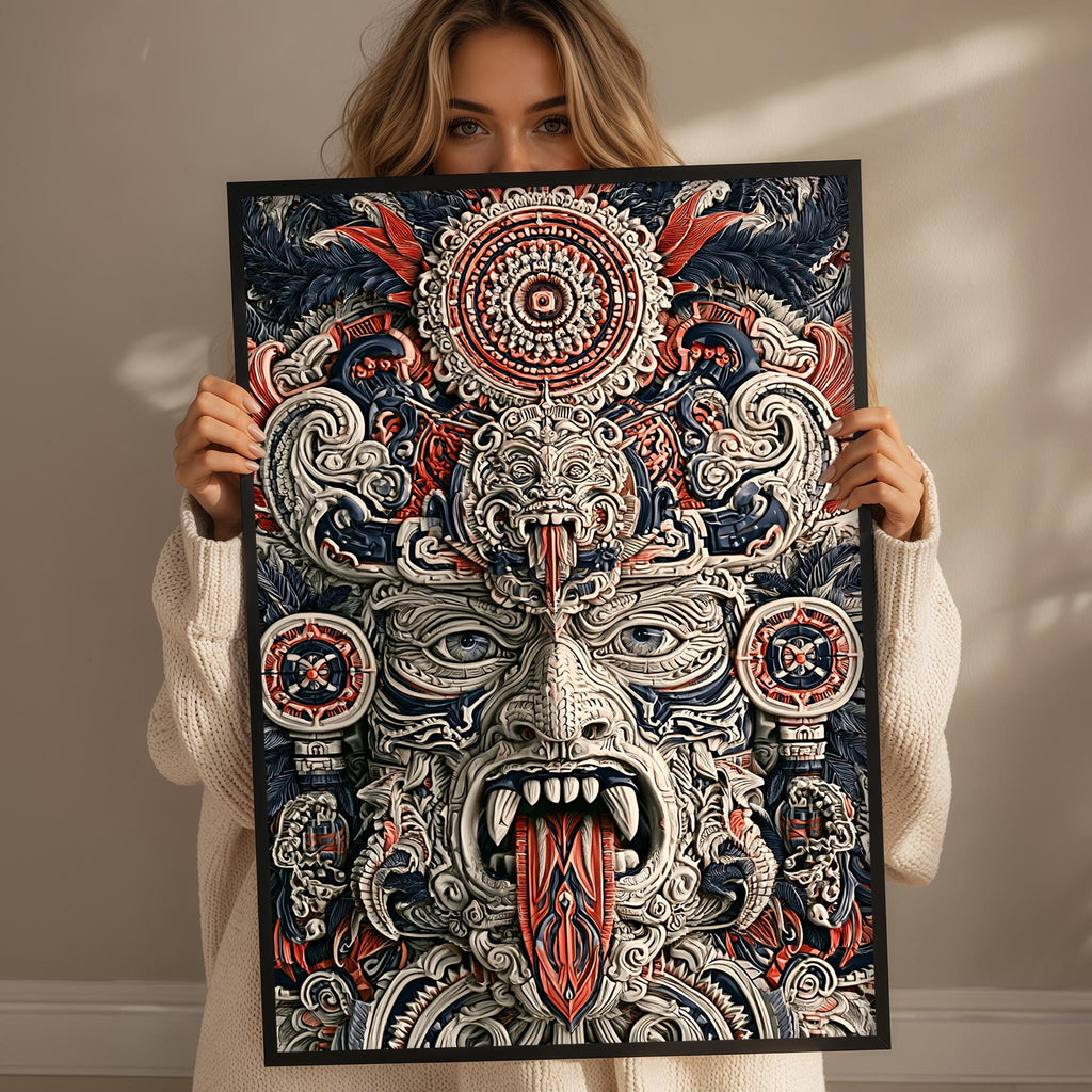 A woman is holding up a large, intricately designed poster or artwork featuring a detailed, colorful, and stylized face or mask with a large, open mouth.