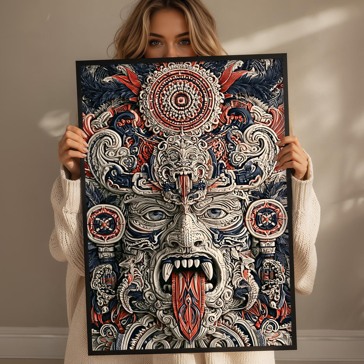 A woman is holding up a large, intricately designed poster or artwork featuring a detailed, colorful, and stylized face or mask with a large, open mouth.