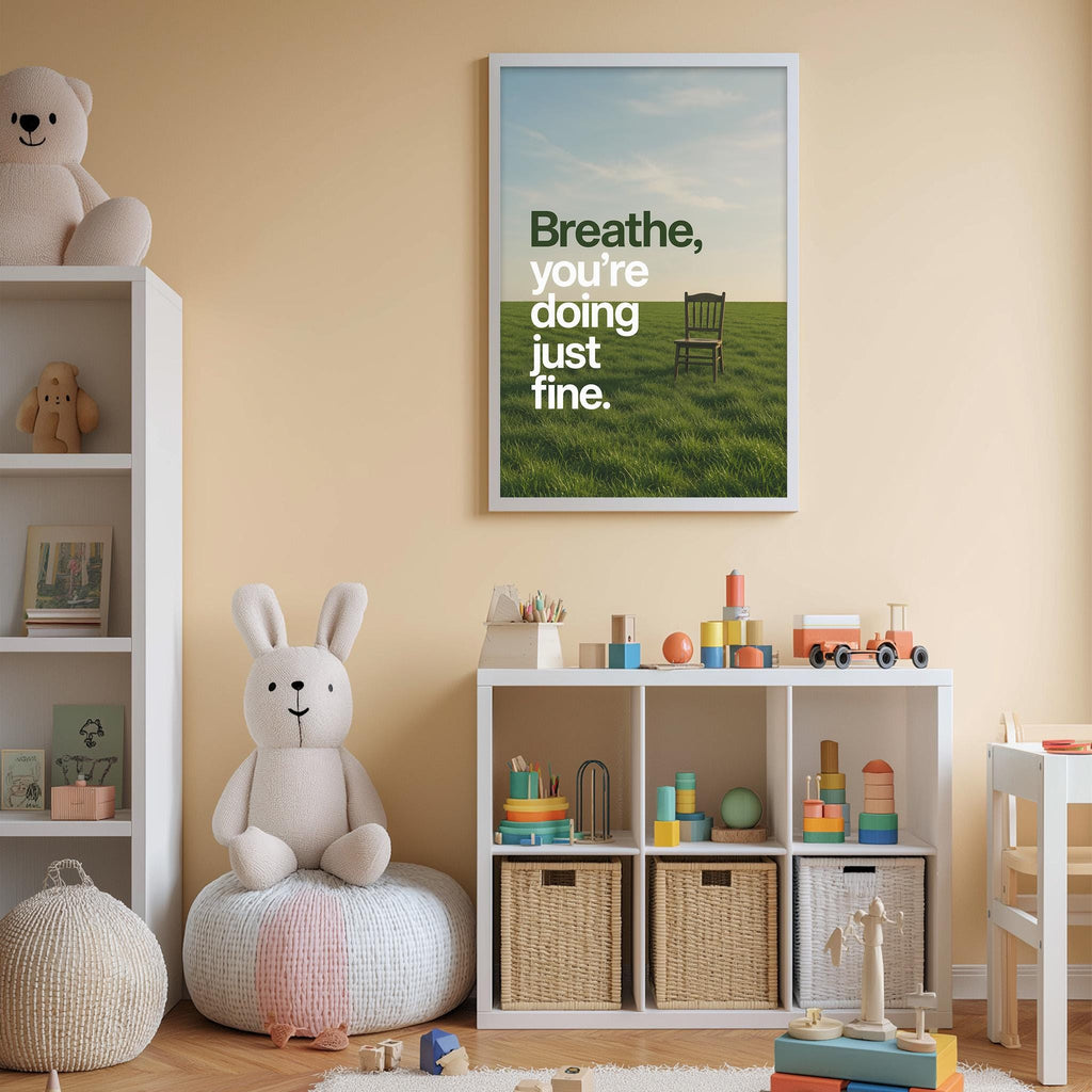 A child's bedroom with a white bookshelf, a stuffed rabbit, and a toy train set. Above the bookshelf is a framed poster with the text "Breathe, you're doing just fine."