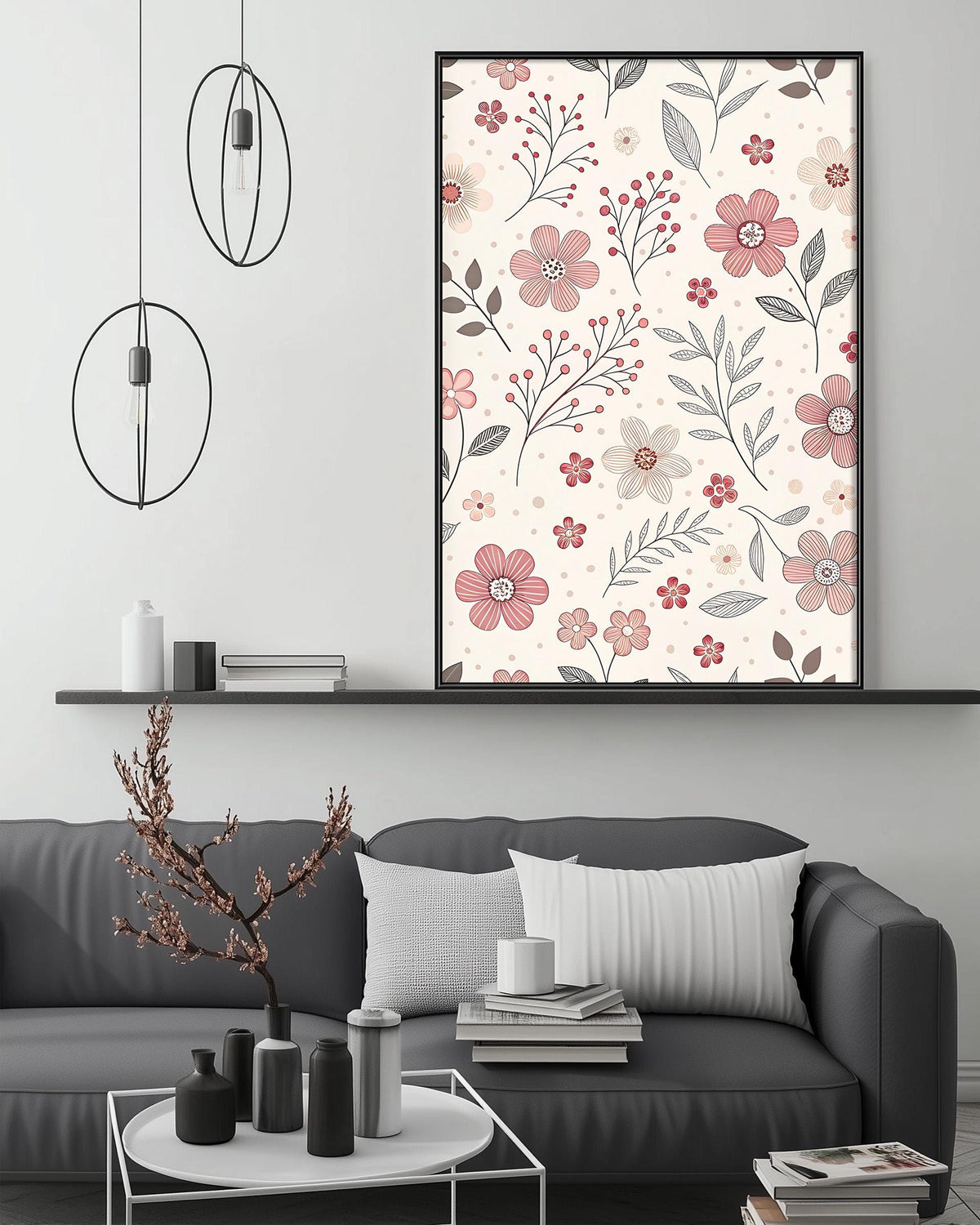 a modern living room with a gray sofa, a coffee table, and a large floral print hanging on the wall above the sofa.