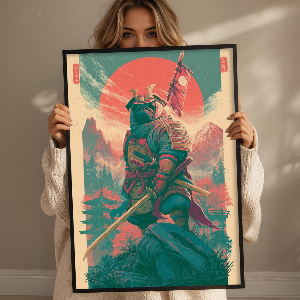 A woman is holding up a framed poster depicting a warrior figure with a sword and shield, set against a colorful, fantastical landscape with mountains and a red sun.