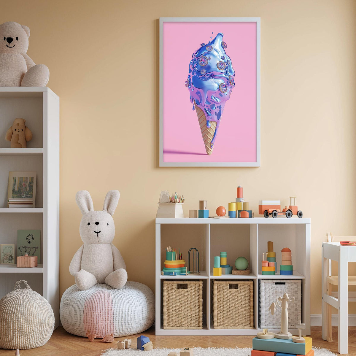A child's bedroom with a pink wall, a stuffed rabbit, a toy train, and a framed image of a melting ice cream cone.
