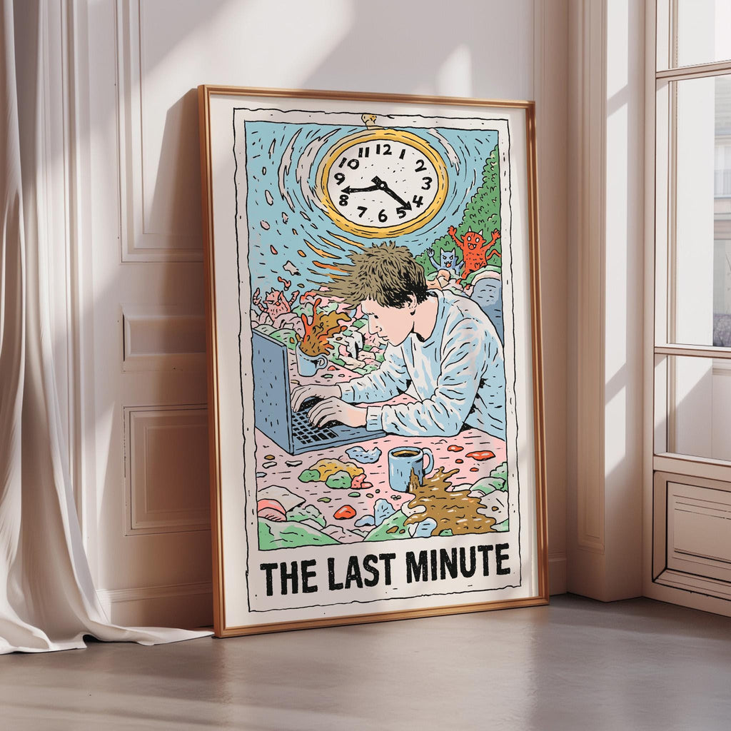 The image is a framed poster depicting a man sitting at a computer, with a clock in the background. The poster has a colorful and whimsical design, and the text "THE LAST MINUTE" is prominently displayed.