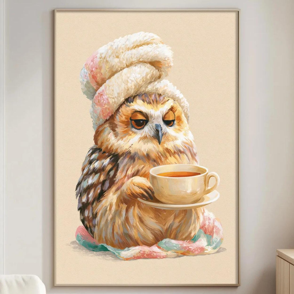 A cozy living room with a large framed painting of an owl wearing a hat and holding a cup of tea, sitting on a bed with a blanket.