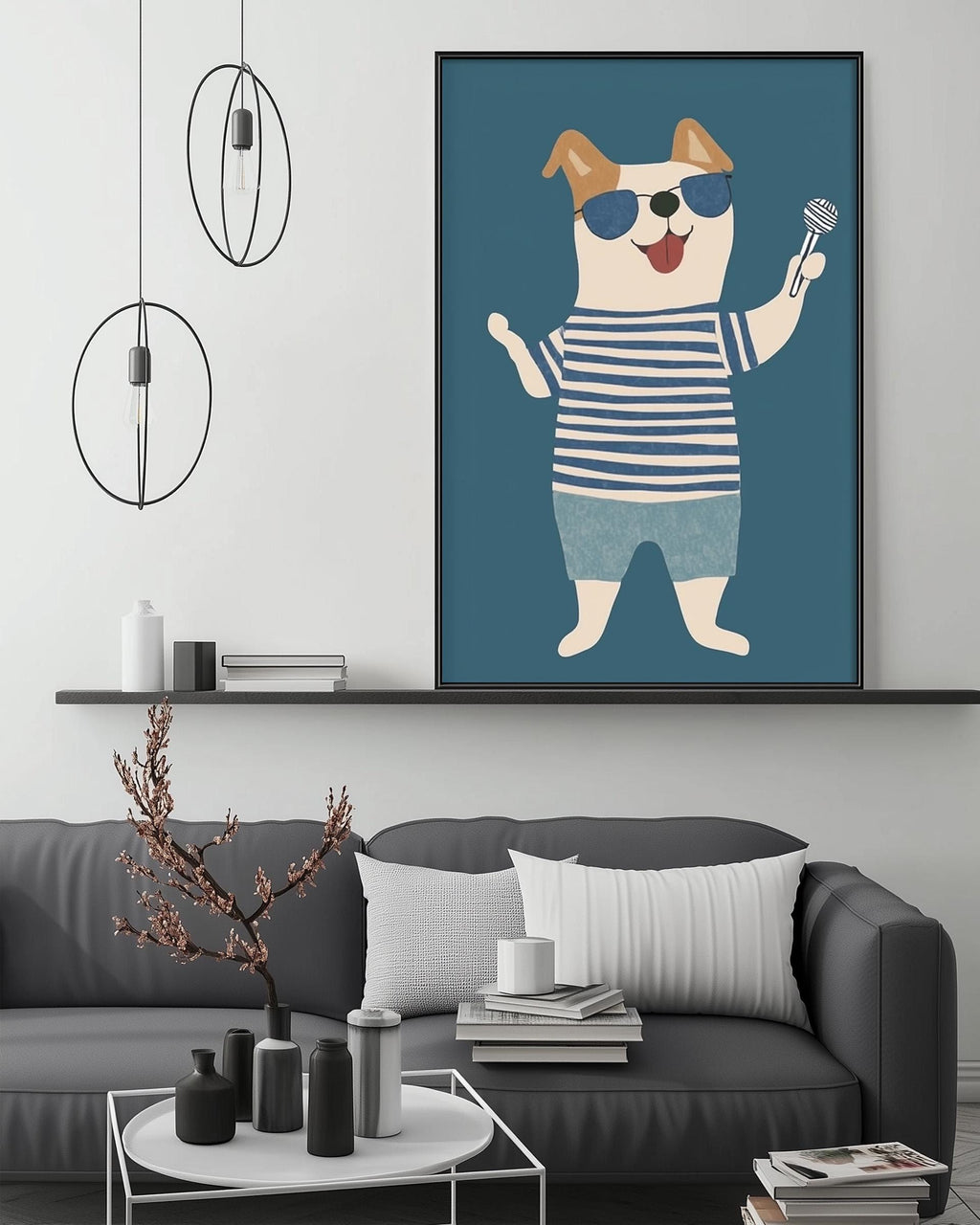 a cozy living room with a gray couch, a coffee table, and a large framed illustration of a dog wearing sunglasses and a striped shirt.