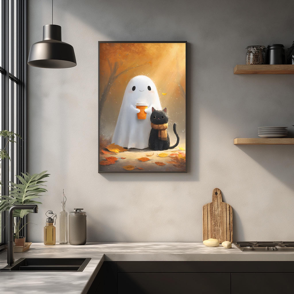 a kitchen scene with a framed painting of a ghost and a cat on the wall.