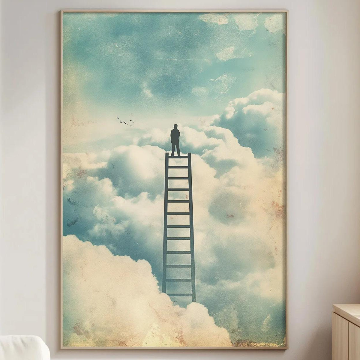 a person standing on a ladder, looking out over a cloudy sky, with a serene and dreamlike atmosphere.