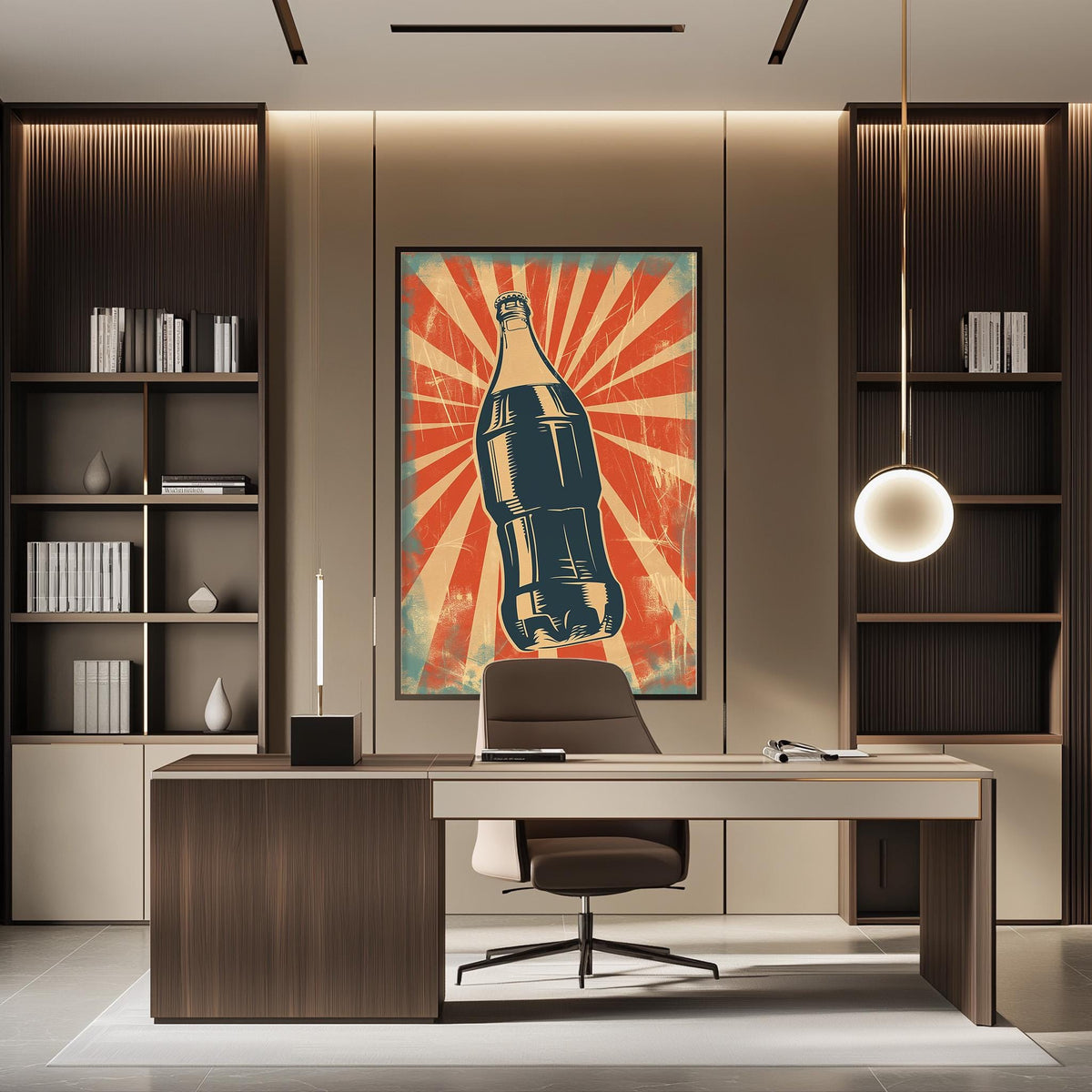 a modern office space with a large framed poster of a soda bottle on the wall, a desk with a chair, and built-in bookshelves.