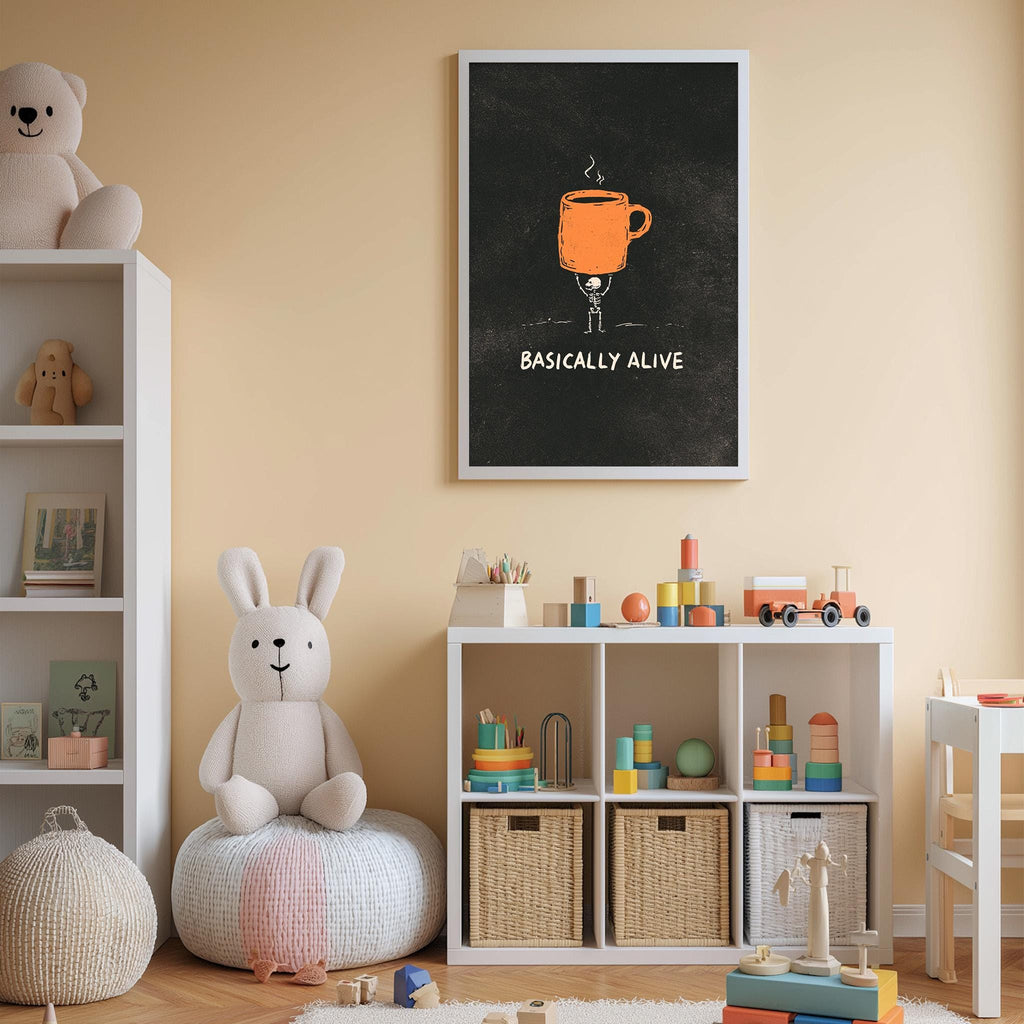 A cozy children's room with a white bookshelf, a plush rabbit, and a colorful toy box filled with toys. Above the bookshelf, there is a framed poster with an illustration of a coffee cup and the text "BASICALLY ALIVE".
