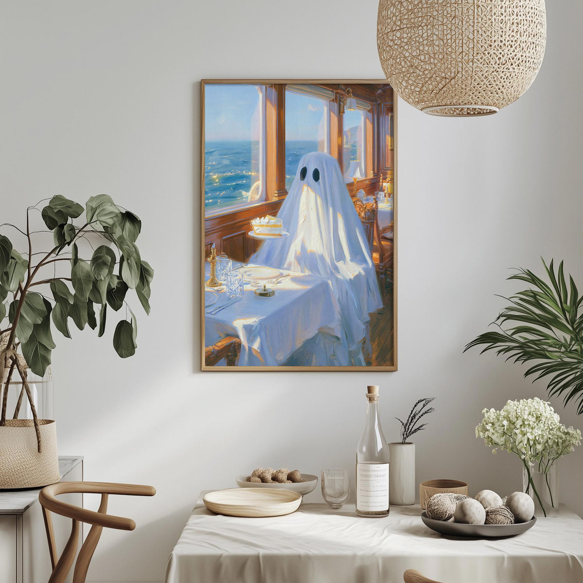 a dining table with a white tablecloth, a bowl of fruit, a bottle, and a vase with flowers. Above the table, there is a framed painting depicting a ghost in a room with a window overlooking the ocean.
