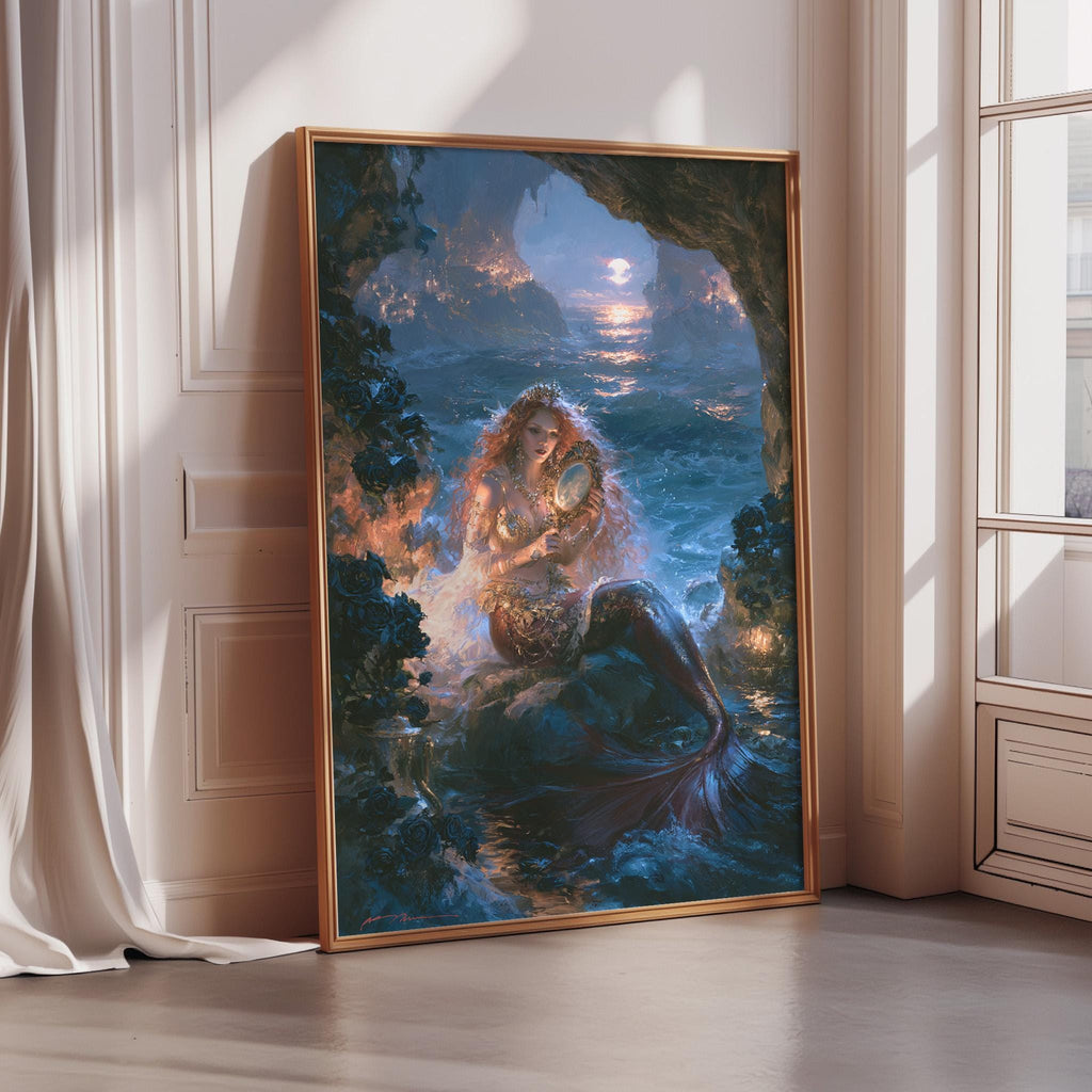 The image is a large framed painting depicting a mermaid sitting on a rock in a cave, surrounded by a serene and mystical atmosphere.