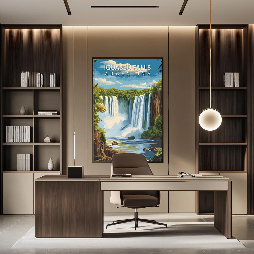 a modern office space with a large framed poster of a waterfall hanging on the wall above a desk with a chair.