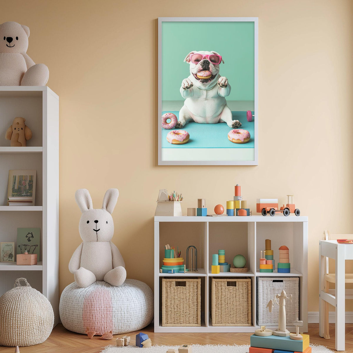 A child's bedroom with a stuffed rabbit, a framed picture of a dog eating donuts, and a toy shelf filled with various toys.