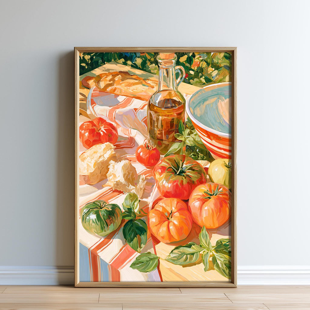 The image is a painting of a table with various food items, including tomatoes, bread, and a bottle of oil.