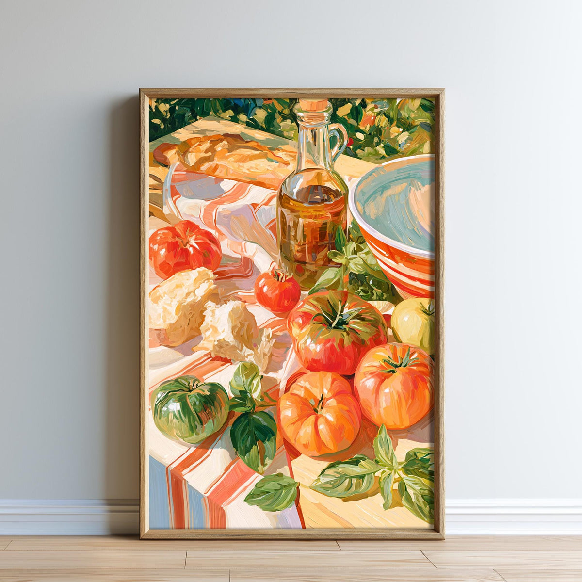 The image is a painting of a table with various food items, including tomatoes, bread, and a bottle of oil.
