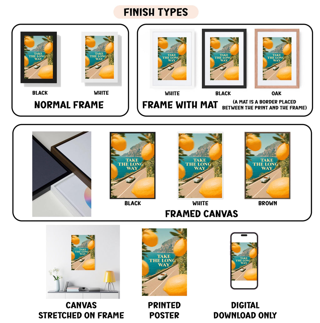 various types of artwork, including framed prints, canvas prints, and digital prints, all featuring the same image of a road with a car and oranges. The artwork is presented in different frames and sizes, showcasing the versatility of the artwork.