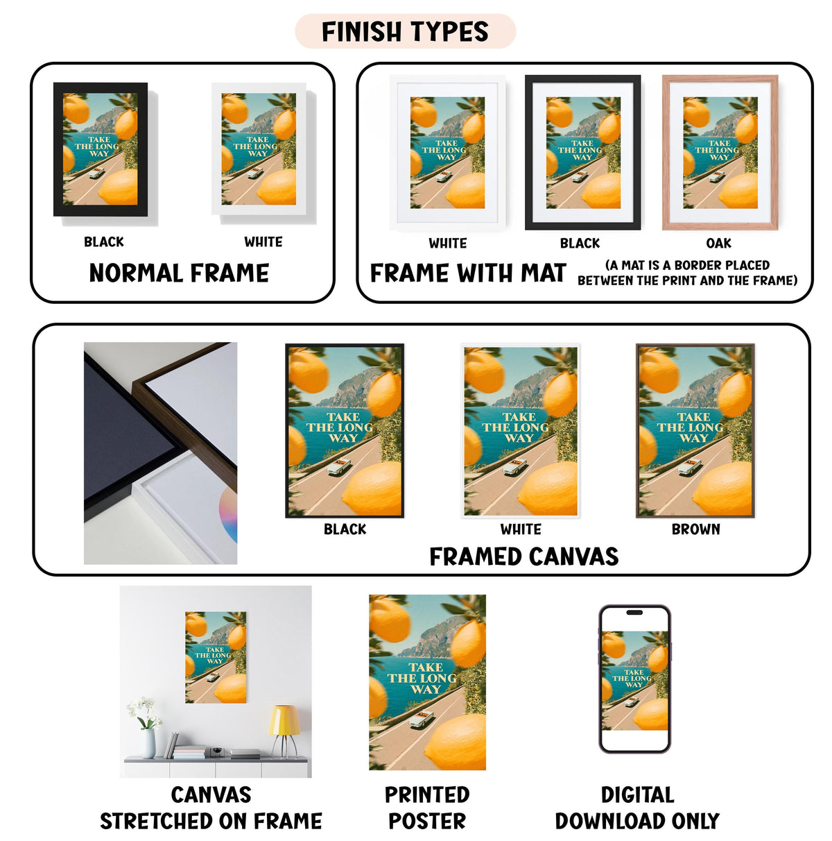 various types of artwork, including framed prints, canvas prints, and digital prints, all featuring the same image of a road with a car and oranges. The artwork is presented in different frames and sizes, showcasing the versatility of the artwork.