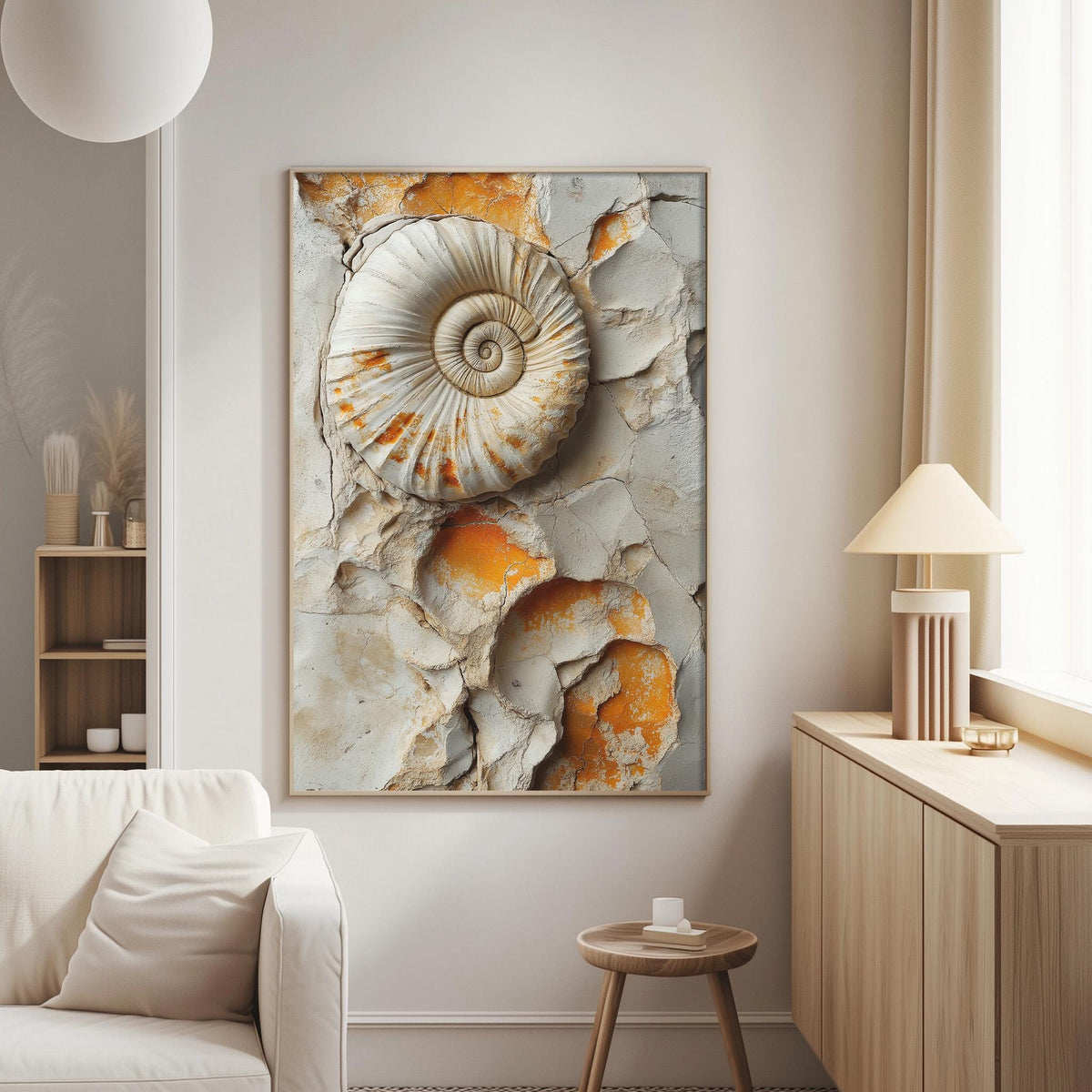 a large framed photograph of a spiral shell on a wall in a living room.