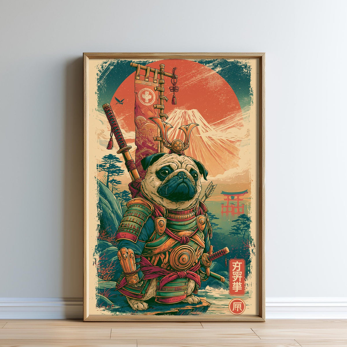 A pug dog wearing a colorful, traditional Japanese-style outfit and holding a sword stands in front of a Japanese temple and a mountain.