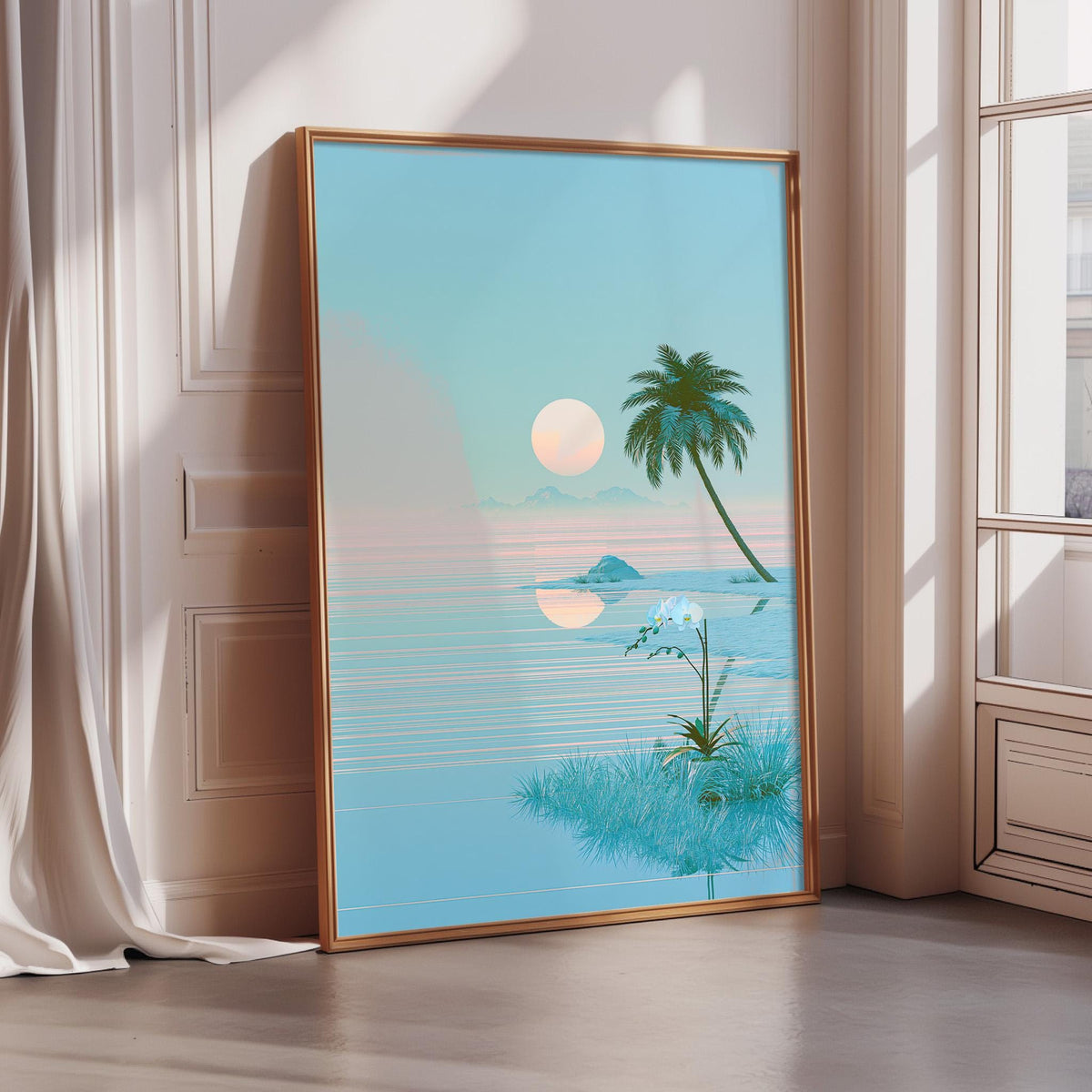 a serene tropical landscape with a palm tree, a small island, and a large moon in the sky.
