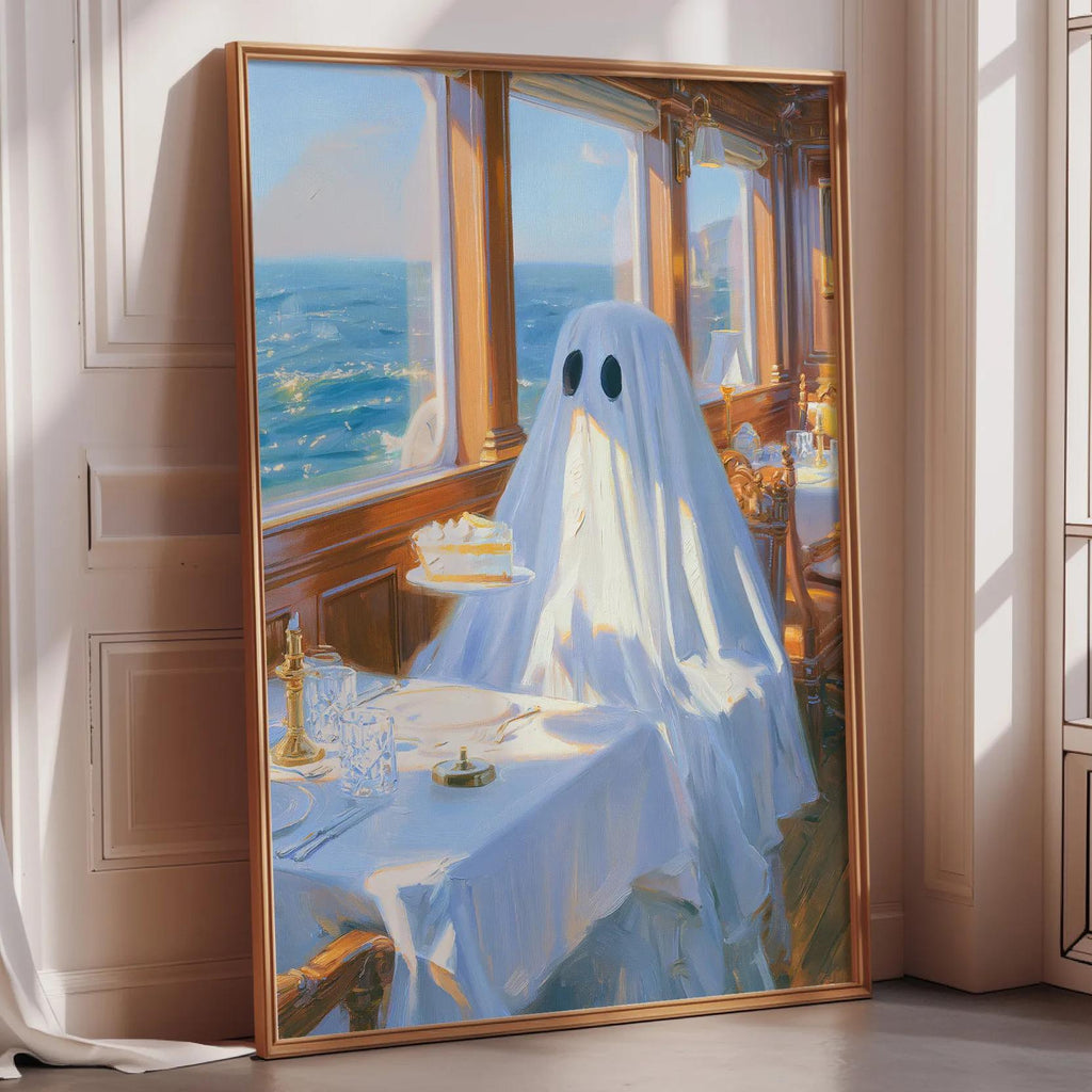 The image is a painting depicting a ghost sitting at a table with a cake, with a view of the ocean through a window in the background.