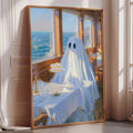 The image is a painting depicting a ghost sitting at a table with a cake, with a view of the ocean through a window in the background.