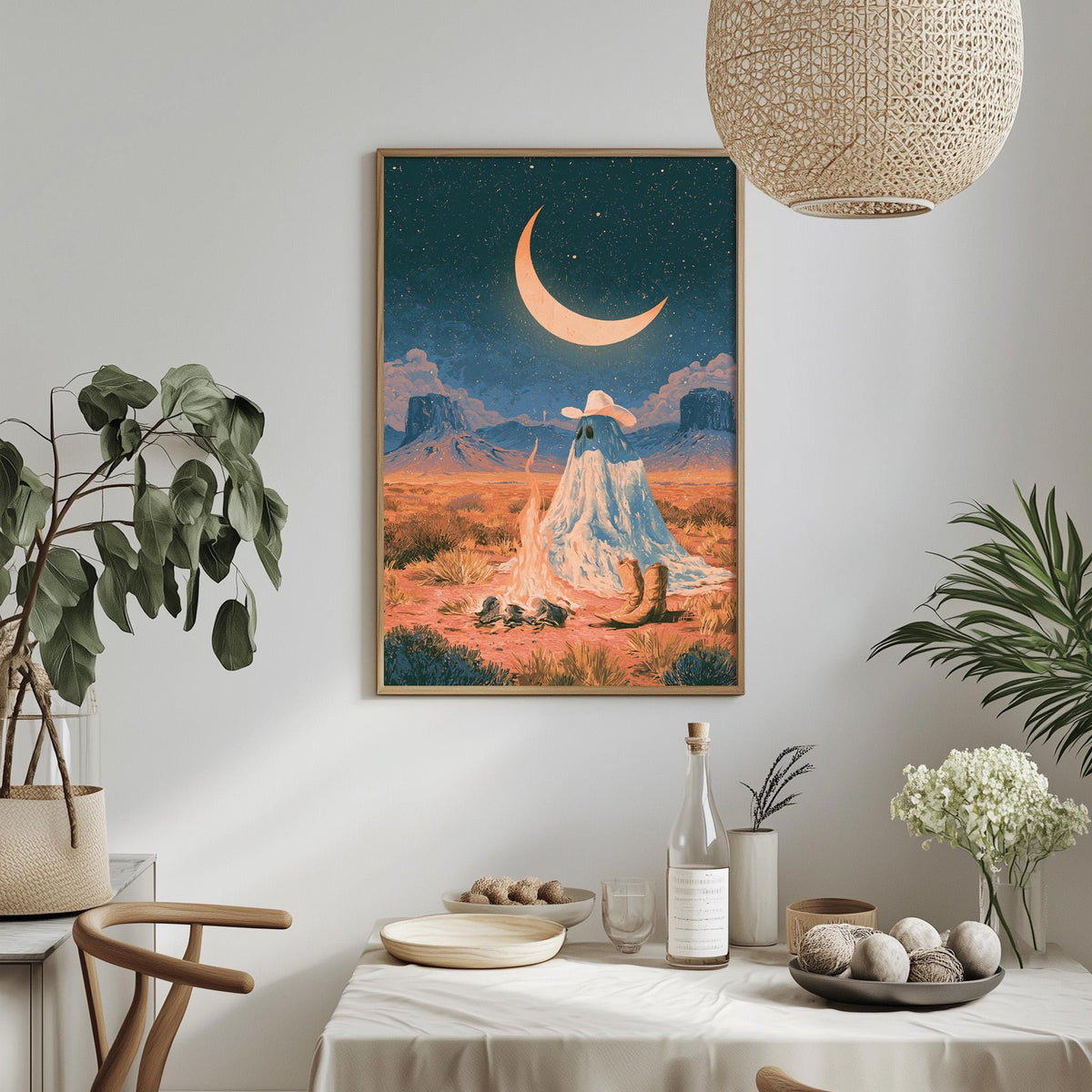 a framed painting of a desert landscape with a crescent moon, a person in a cowboy hat, and a campfire in the background. The painting is hung on a wall above a dining table with various decorative items, including potted plants, vases, and a bowl.