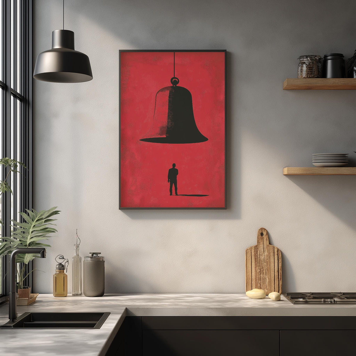 a kitchen counter with a framed poster of a bell hanging above it, along with various kitchen items such as a cutting board, a bottle, and a plant.