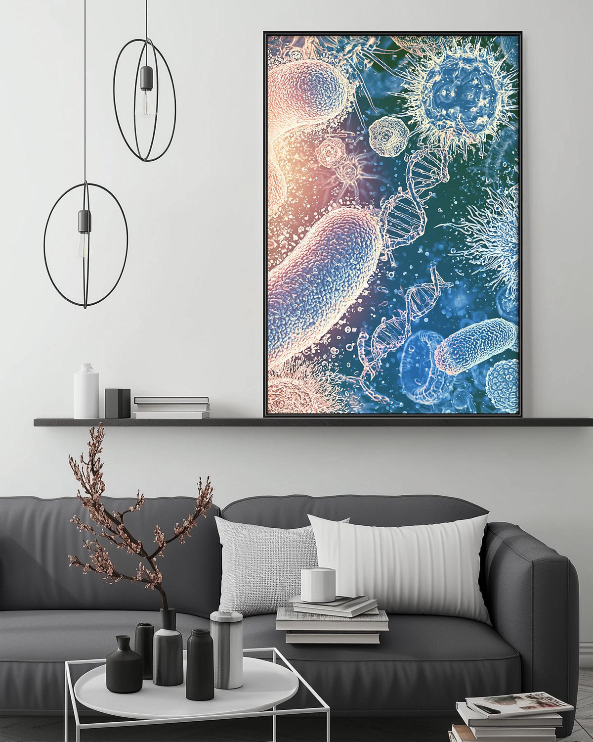 a modern living room with a gray sofa, a coffee table, and a large framed artwork depicting colorful bacteria and viruses on the wall.