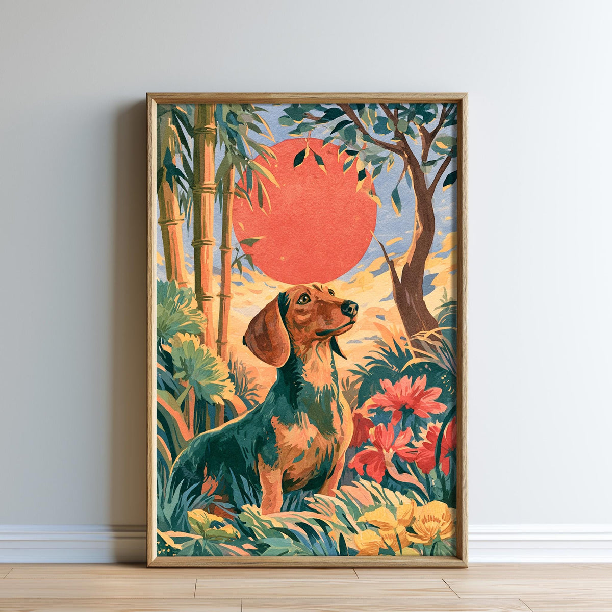 A framed painting depicting a dog standing in a lush, tropical garden with a large red sun in the background.