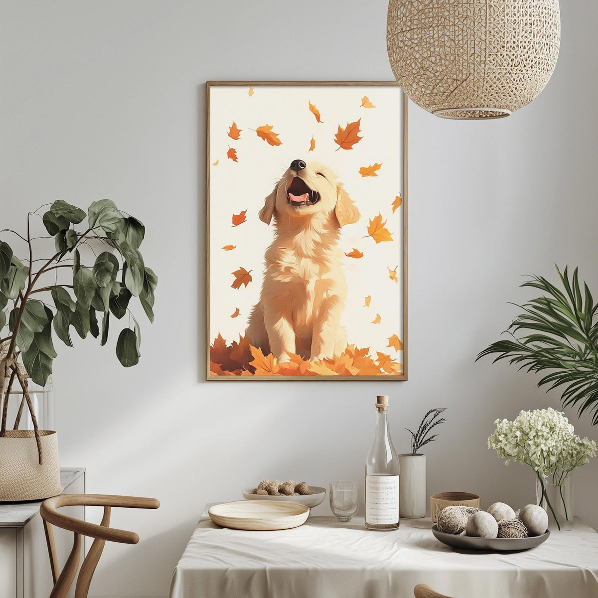 a cozy dining area with a framed picture of a golden retriever dog sitting on a pile of autumn leaves, surrounded by potted plants and a table set with various items.