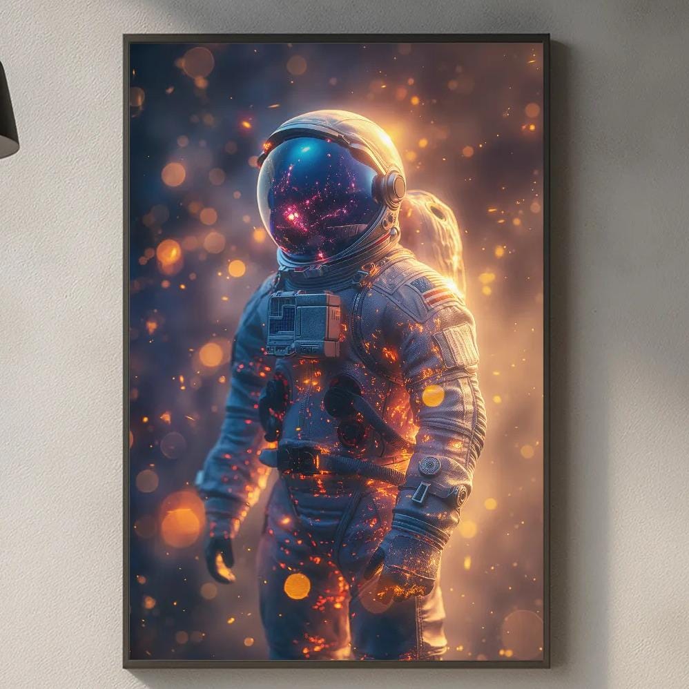 a framed artwork of an astronaut in a space suit, hanging on a wall in a modern kitchen setting.