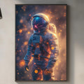 a framed artwork of an astronaut in a space suit, hanging on a wall in a modern kitchen setting.
