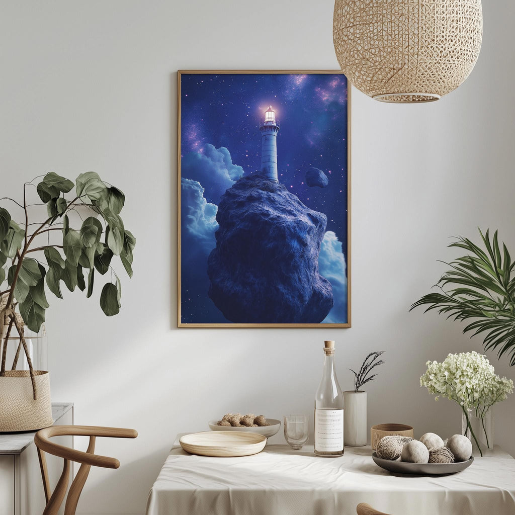 a large framed painting of a lighthouse on a rocky cliff, hanging on a wall above a dining table with various decorative items and plants.