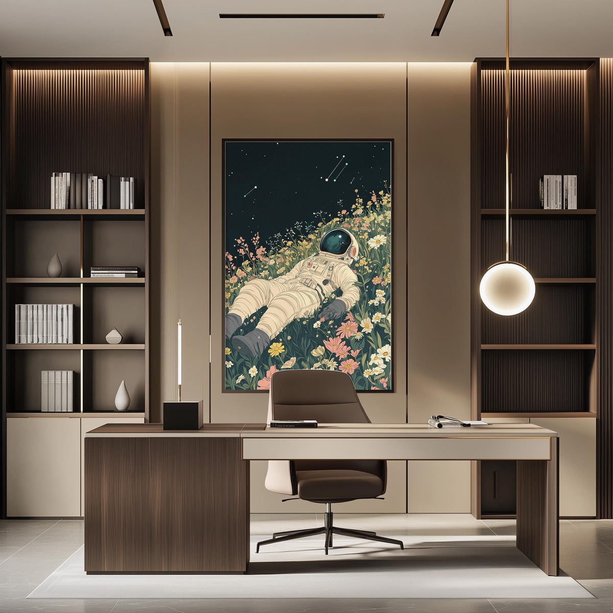 a modern office space with a large framed artwork of an astronaut floating in a field of flowers on the wall. The office features a wooden desk, a comfortable-looking chair, and a bookshelf filled with books. The overall design and decor create a serene and creative atmosphere.