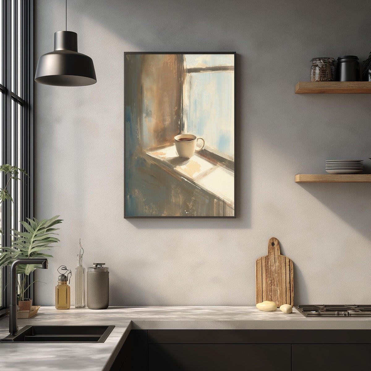 a cozy kitchen scene with a framed painting of a cup on a windowsill, a wooden cutting board, and various kitchen items on the countertop.