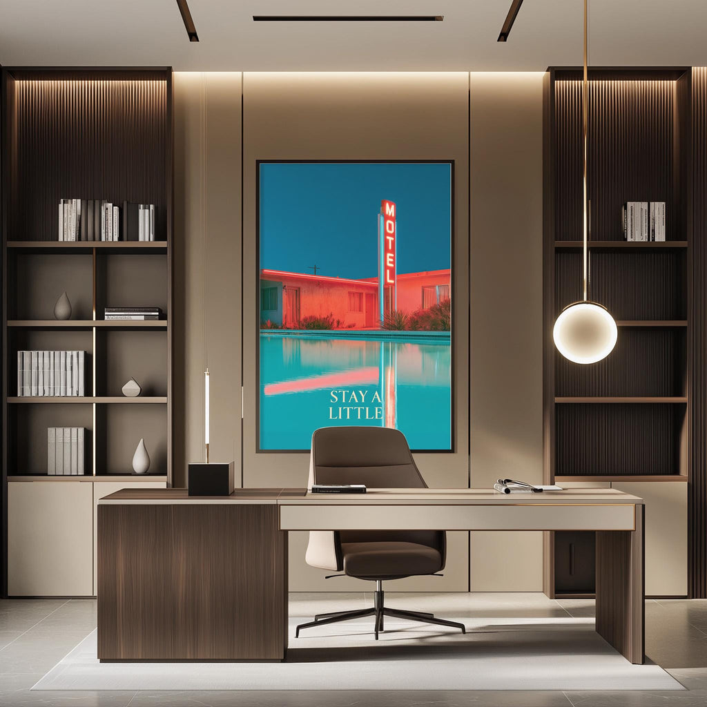 a modern office space with a large framed poster of a motel on the wall, a desk with a chair, and built-in bookshelves.