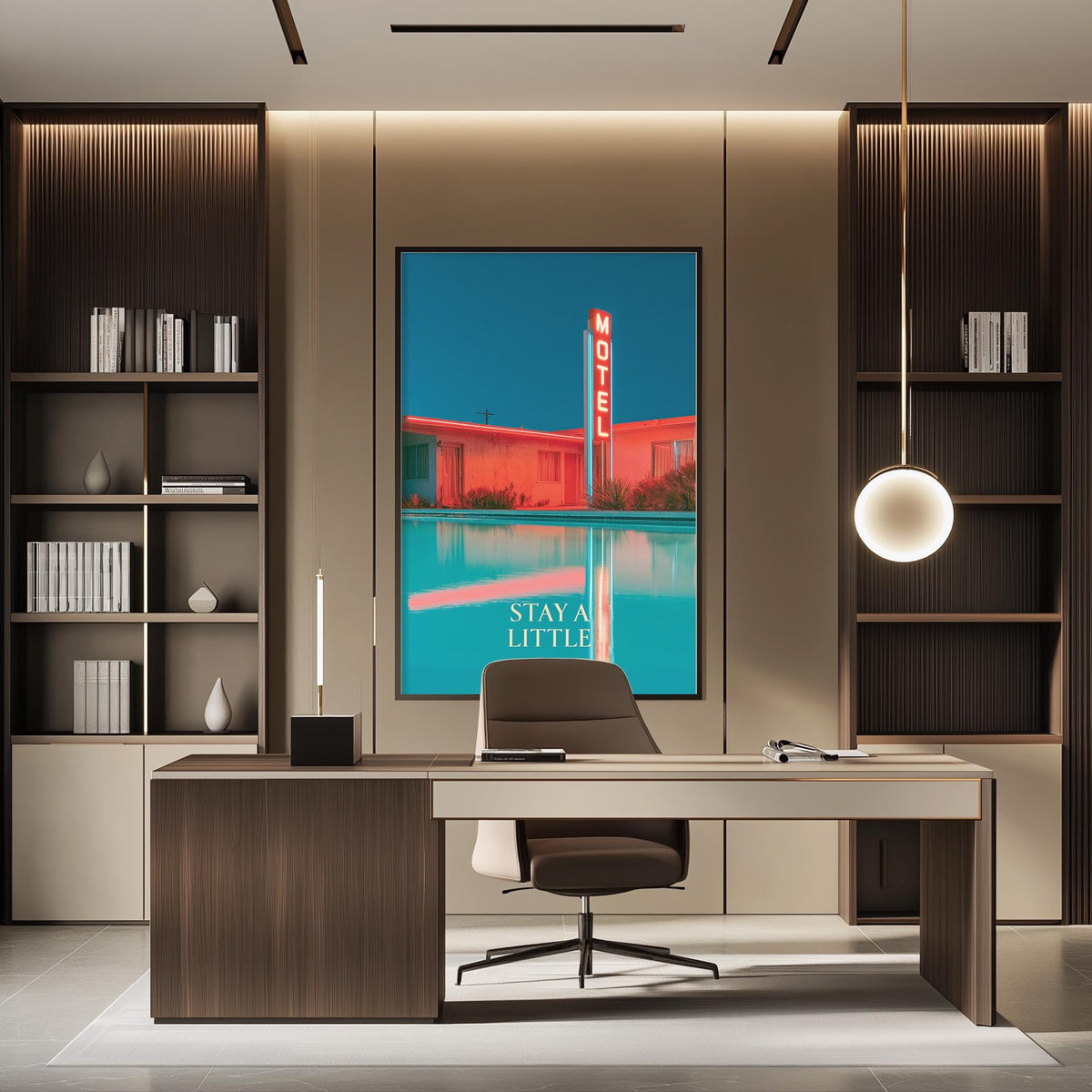 a modern office space with a large framed poster of a motel on the wall, a desk with a chair, and built-in bookshelves.