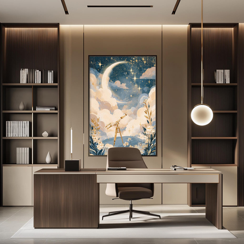 a modern and stylish home office with a large framed artwork of a crescent moon and stars on the wall, a wooden desk with a chair, and built-in bookshelves.
