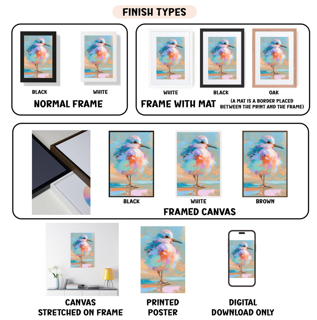 various types of framed artwork, including canvas stretched on a frame, framed canvas, and digital download only. The artwork displays different finishes, such as black, white, and brown, as well as different mat placements between the print and the frame.