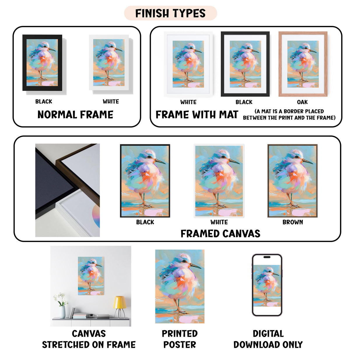 various types of framed artwork, including canvas stretched on a frame, framed canvas, and digital download only. The artwork displays different finishes, such as black, white, and brown, as well as different mat placements between the print and the frame.